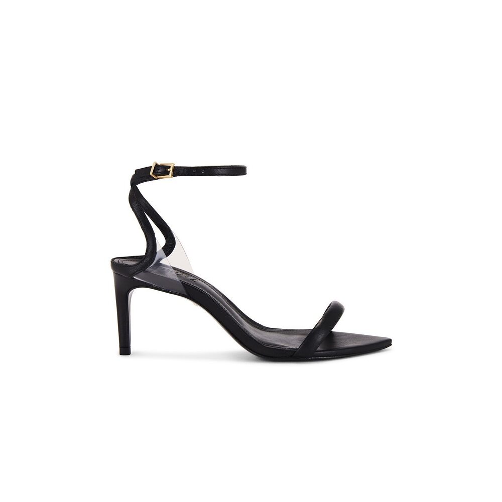 Schutz Skye Sandal in Black & Transparente pointed toe ankle strap kitten heel